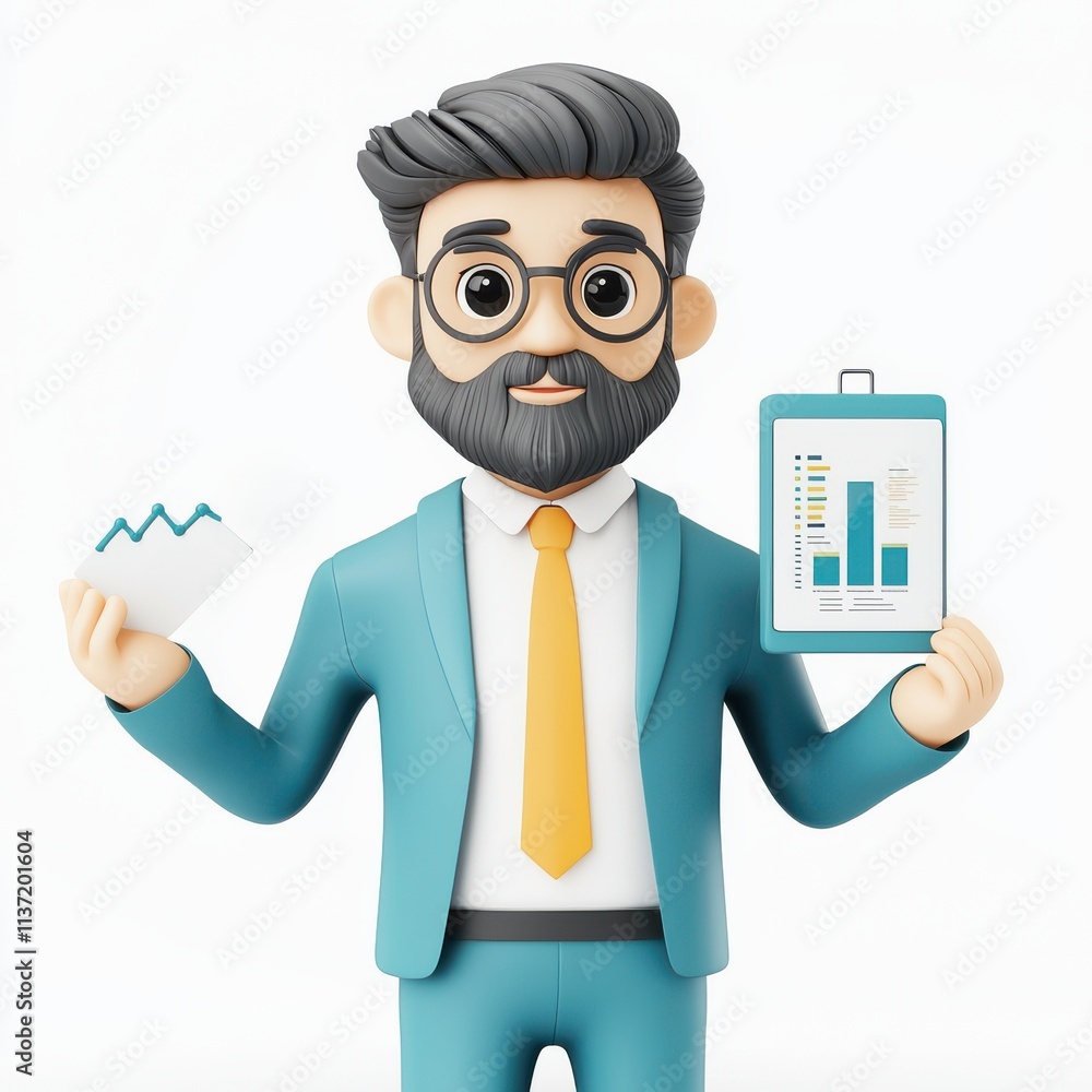 Poster launch vision branding concept. 3d character presenting business charts and graphs.