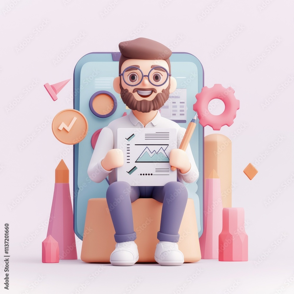 Poster launch vision branding concept. 3d character holding business report with graphs and tools around hi