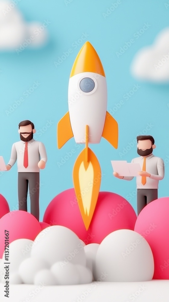 Poster launch vision branding concept. two business figures with a rocket in a colorful, abstract scene.