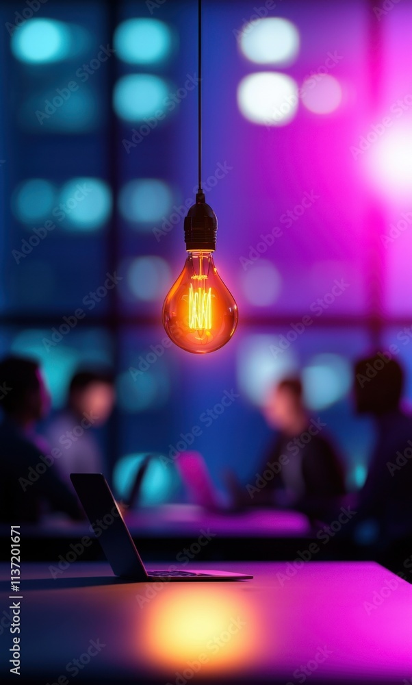 Poster launch vision branding concept. hanging light bulb with a modern ambiance in a workspace setting.