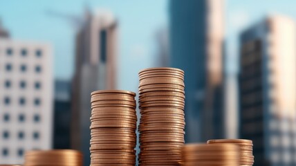 Launch vision branding concept. Stacks of coins in front of a city skyline background.