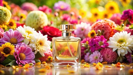 Perfume bottle surrounded by colorful flowers with a blooming background, fragrance, floral scent, cosmetic, product, perfume