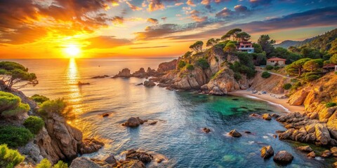 Coastal landscape at sunset in Costa Brava, Spain , beach, Mediterranean sea, cliffs