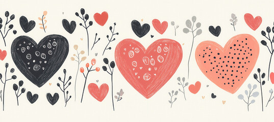 Colorful heart patterns with floral elements and geometric designs