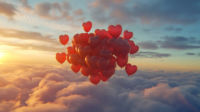 Red balloons forming the shape of a heart floating in the sky - Powered by Adobe