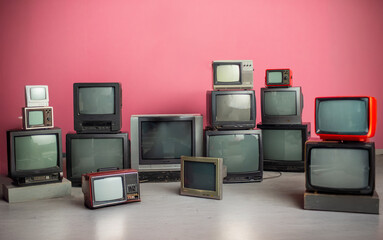 set of vintage tvs on pink background for backdrop