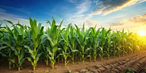 Obraz premium Corn plantation isolated on background, cornfield, agriculture, farm, rural, crop, growth, harvest, organic, field, summer
