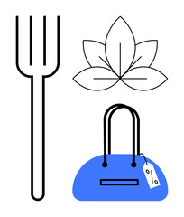 Fork beside a floral leaf and blue handbag with price tag, combining culinary, natural, and fashion themes. Ideal for lifestyle, wellness, retail, nature cooking shopping and modern trends. Line