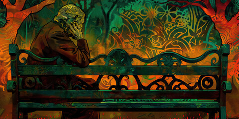 Stylized Illustration of Person on Ornate Bench with Abstract Background