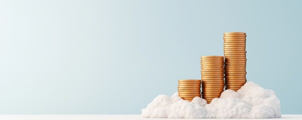 financial success freedom motivation concept. A stack of gold coins rises above a fluffy cloud, symbolizing financial growth and prosperity against a light blue background.