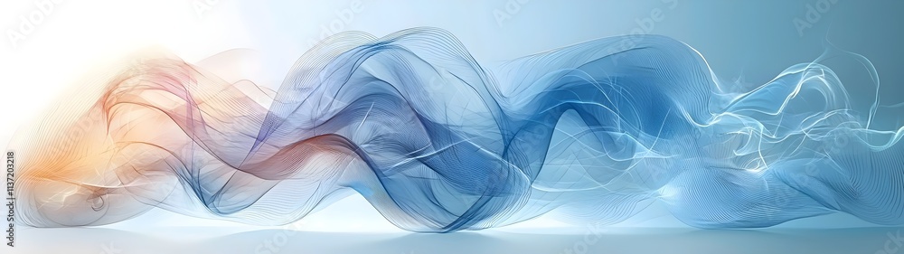 Poster abstract flowing waves in shades of blue and orange, creating a serene and harmonious atmosphere wit
