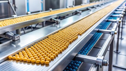 Close-up of a conveyor belt in a tablet and vitamin production facility, pharmaceutical, industry