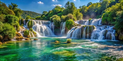 Obraz premium Beautiful view of Krka Waterfall surrounded by lush greenery in Krka National Park, Dalmatia, Croatia