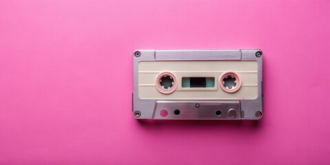 Obraz premium Retro audio cassette tape on pink background, vintage music technology, retro,audio cassette tape, vintage