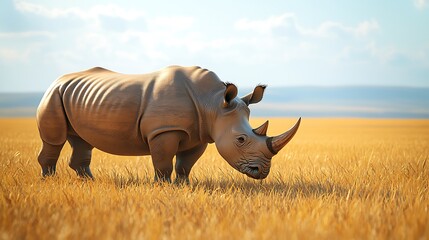 Obraz premium Majestic White Rhino Grazing in Golden Savannah Grassland