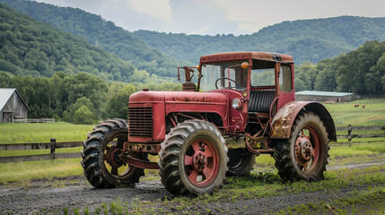 Fototapeta premium Old-Fashioned Tractor Displayed Amidst Lush Greenery at a Farm Museum Surrounded by Nature