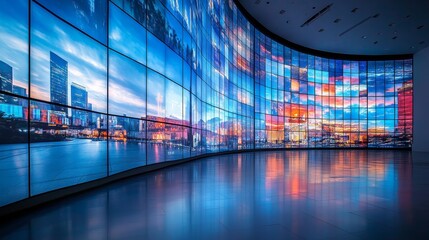 Giant Curved Video Wall Showcasing Vibrant Cityscape Photography Inside a Modern Exhibition Space.