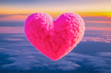 Fototapeta premium valentine's day. fluffy pink heart on the background of a picturesque sky. a postcard for the holiday. free space for text