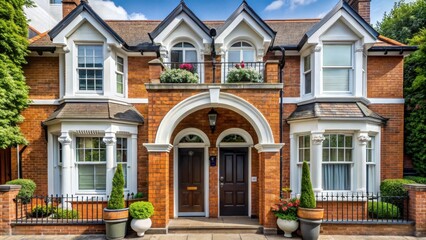 Naklejka premium British duplex house with elegant arches above the doors, British, duplex, house, arches, doors, architecture, traditional