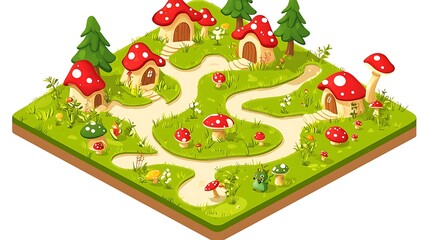 Naklejka premium Enchanting Mushroom Village Fantasy Isometric Illustration