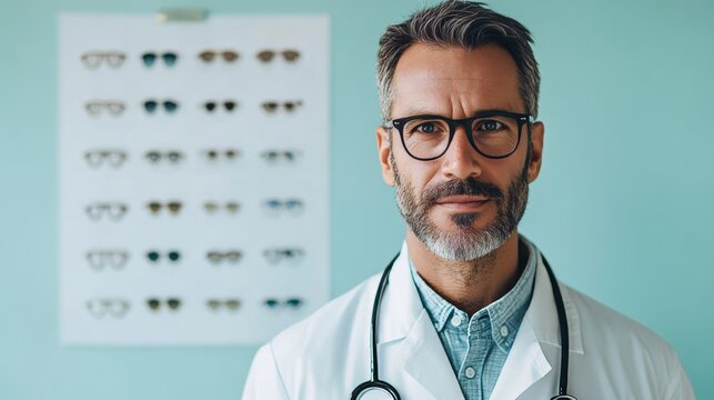 Portrait of a Confident Male Ophthalmologist with Eye Test Chart, Healthcare and Medical Concept