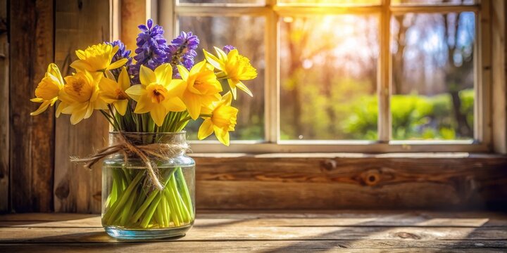 Spring yellow daffodils and purple hyacinth bouquet in a jar in rustic sunny window, Spring, daffodils, hyacinth, bouquet, flowers