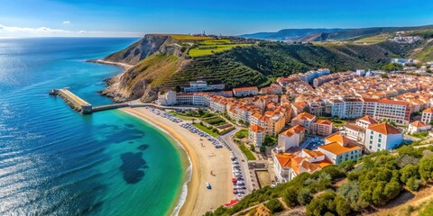 Aerial timelapse panorama of Sesimbra Town and seaside in Portugal, Sesimbra, town, seaside, aerial view