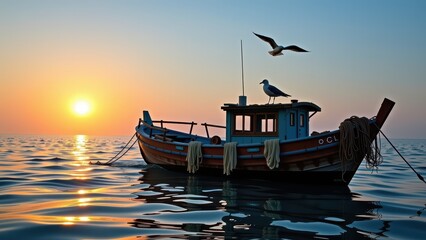 features a serene scene of a boat floating on calm waters, with two seagulls perched on its edge. the sky above is clear and blue, with no clouds visible. the overall atmosphere of is one of