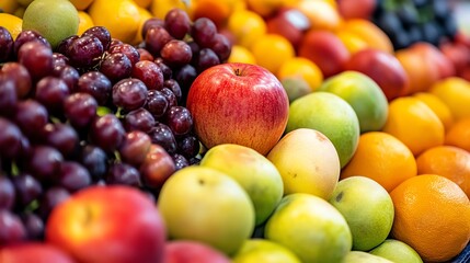 A fruit stand at a market with a variety of fresh produce including oranges, pineapples, grapes and...