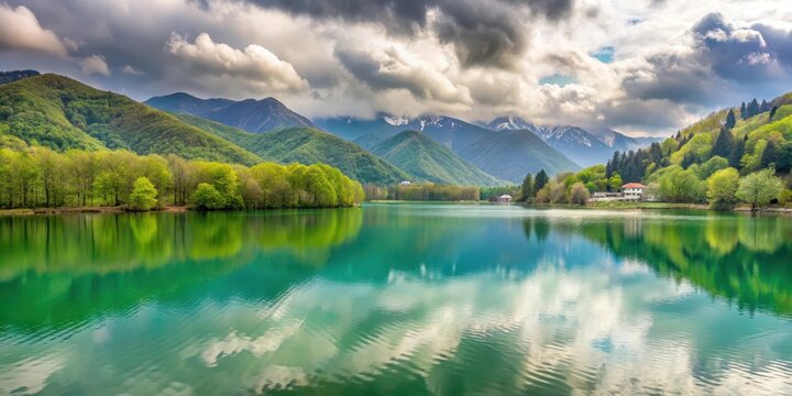 Tranquil scene of Lake Nohur on a cloudy spring day in Gabala, Azerbaijan, lake, Nohur, cloudy, spring, day, Gabala
