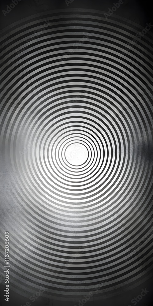 Poster a mesmerizing black and white image featuring concentric circles, gradually leading to a bright cent