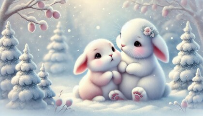 Obraz premium Two Charming Rabbits in a Whimsical Pastel Winter Wonderland Reflecting the Beauty of Snowmelt Season