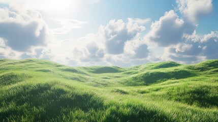 Obraz premium Sunny day over rolling green hills and fluffy clouds.