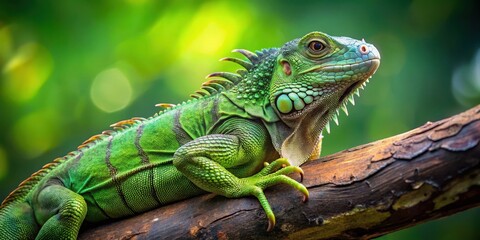 Obraz premium Green iguana crawling on a tree branch, green iguana, reptile, tropical, wildlife, arboreal, lizard, camouflage, scales