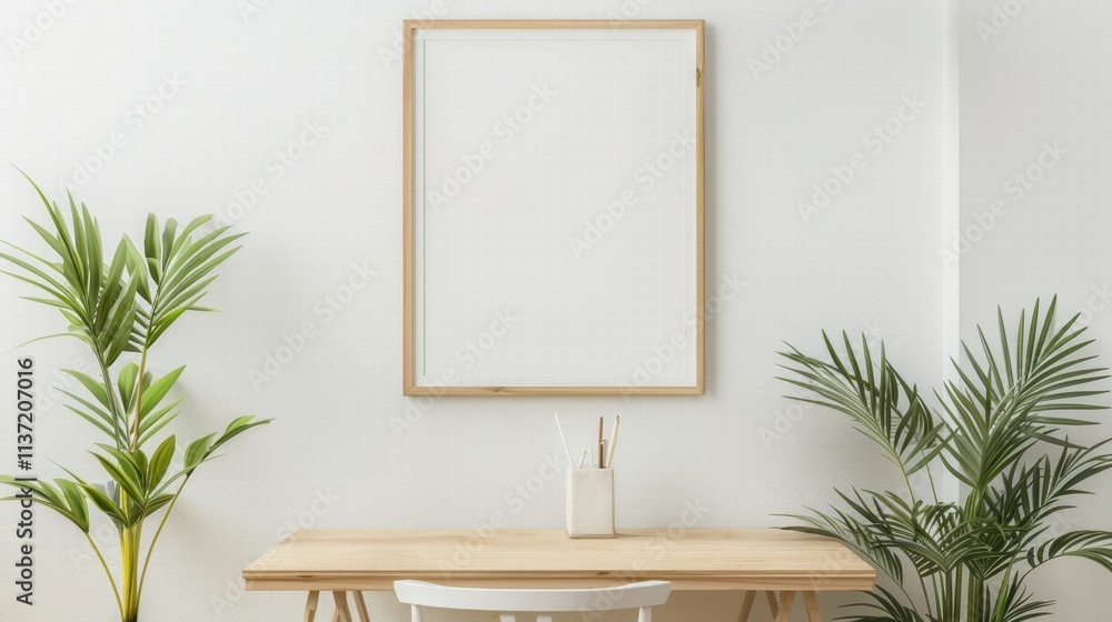Poster minimalist workspace with plants and empty frame