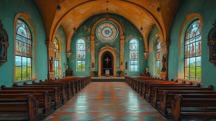 Fototapeta premium A serene interior of a church featuring stained glass windows and wooden pews.