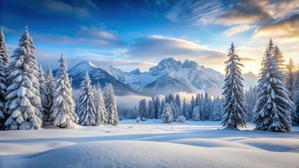 Obraz premium Snowy landscape with snow-covered trees and mountains in the background, Winter, cold, frozen, snow, white, ice, frost, nature
