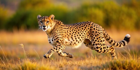 Fototapeta premium A detailed stock photo of a beautiful cheetah running in the wild, cheetah, fast, wildlife, predator, Africa, speed