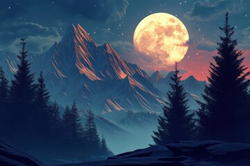 A Full Moon Illuminates a Mountain Range and Silhouetted Trees Under a Starry Night Sky