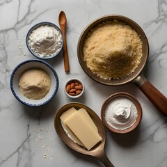 "Artful Basbousa Prep: Ingredients and Recipe Card on a Marble Surface"