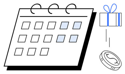 Calendar marked with highlighted dates beside a wrapped gift and coin. Ideal for event planning, scheduling, reminders, gifts, rewards, holidays, and financial planning. Line metaphor