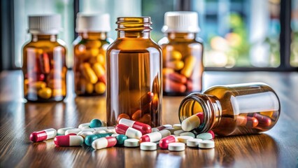 Depiction of barbiturates pills and bottles on a table , sedative, tranquilizer, prescription drugs, medication