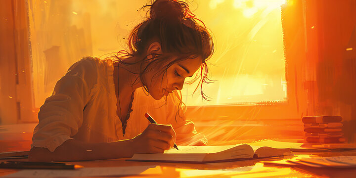Woman Writing in Notebook at Desk in Golden Light