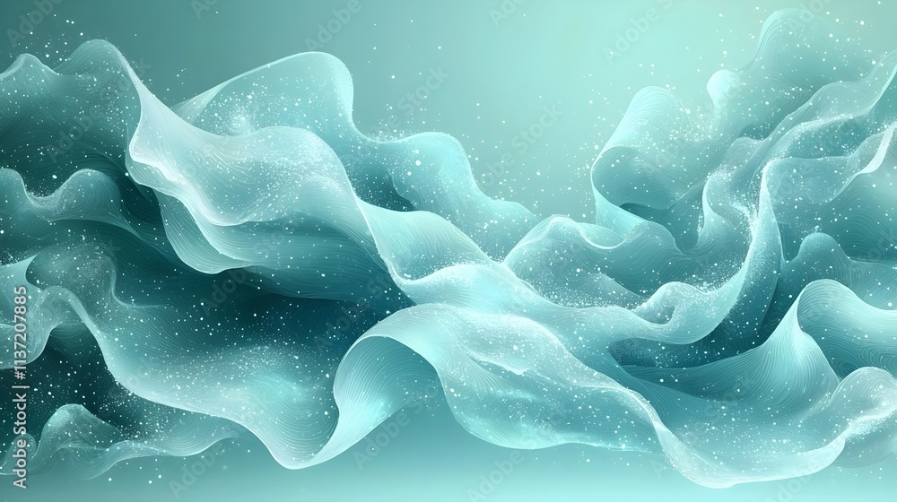 Poster an abstract composition of ethereal flowing waves in soft teal and aqua tones, creating a tranquil a