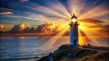 Fototapeta premium Lighthouse casting light rays over the sea at sunset , lighthouse, sunset, light rays, ocean, beacon, coast, dusk