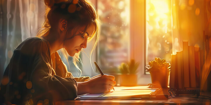 Young Woman Writing at Desk in Sunlit Room