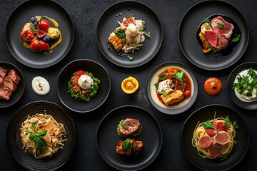 Gourmet food platter with various dishes including meat, pasta, and vegetables arranged on black plates.
