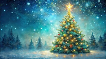 Obraz premium Abstract oil painting of a Christmas Tree with shining snowflakes , Christmas, tree, holiday, winter, painting, abstract