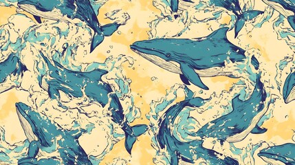 Whales Swimming in Ocean Waves Artistic Design