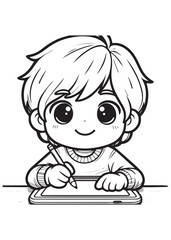 Coloring page boy learning write in paper